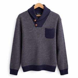J.Crew Lambswool Shawl Collar Bird’s-Eye Sweater Men’s Large Navy Button Neck